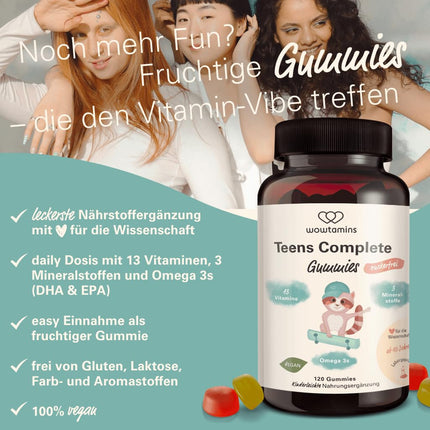 wowtamins Teens Complete bez cukura - vitamīni pusaudžiem (30 dienu piegāde) - multivitamīnu gumijas konfektes ar Omega 3 - uztura bagātinātājs imūnsistēmai ar C, D3, B12 vitamīniem, cinku un citiem vitamīniem