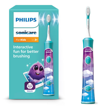 Philips Sonicare For Kids, elektriskā soniskā zobu birste ar lietotni, bērniem no 3 gadu vecuma, ar SmarTimer un QuadPacer rūpīgai tīrīšanai, tirkīza krāsā, modelis HX6322/04