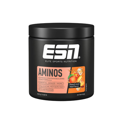 ESN AMINOS, persiku ledus tēja, 400 g, smalks aminoskābju pulveris ar neaizvietojamām aminoskābēm un astragīnu, 3,2 g leicīna vienā porcijā, ideāla šķīdība, vegāns - ražots Vācijā