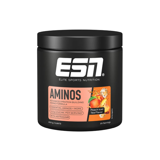 ESN AMINOS, persiku ledus tēja, 400 g, smalks aminoskābju pulveris ar neaizvietojamām aminoskābēm un astragīnu, 3,2 g leicīna vienā porcijā, ideāla šķīdība, vegāns - ražots Vācijā
