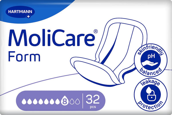 Molicare Form 8 pilieni smagas urīna nesaturēšanas gadījumā: augsta drošība, papildu aizsardzība pret noplūdi un diskrētums sievietēm un vīriešiem, lietošanai kopā ar MoliCare Premium Fixpants biksītēm, 32 gabali