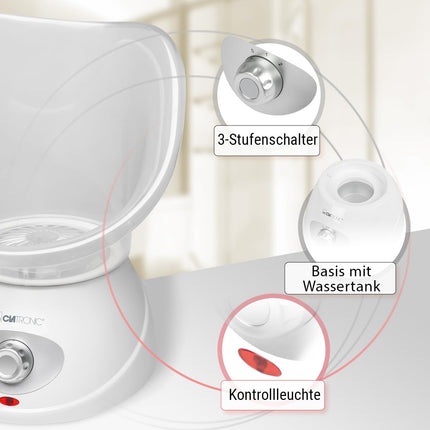 Clatronic® 2in1 sejas sauna un inhalācijas ierīce | Sejas tvaicētājs, ieskaitot aroma uzgali un inhalatoru | kosmētiskai sejas kopšanai un inhalācijām | 3 līmeņi tvaika dozēšanai pēc pieprasījuma | GS3656