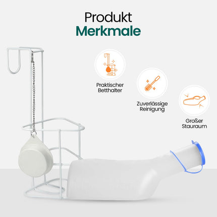 Hygiene100 pisuāra komplekts (1000 ml pisuārs + gultas turētājs ar vāku), izturīgs caurspīdīgs PP pisuārs ar vāciņu, viegli nolasāmas mērīšanas līnijas, pārnēsājams ceļojumiem