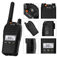 pofung PT88 PRO Professional bezlicencēts PMR446 pārnēsājams uzlādējams rācijas uztvērējs, 16 kanāli, LED ekrāns, mirgojošs trauksmes signāls, TOT, CTCSS/DCS, VOX un USB (kempings, piedzīvojumi) (2 iepakojums)