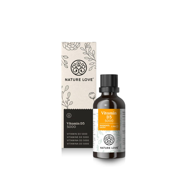 NATURE LOVE® D3 vitamīns 5000 (50 ml šķidrums) - Laboratorijā pārbaudīts 5000 SV vienā pilienā - MCT eļļā no kokosriekstu - Augsta D vitamīna deva - Augsta biopieejamība, ļoti augsta stabilitāte - Ražots Vācijā