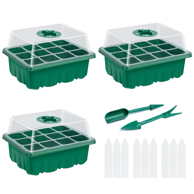 Ponsey mini siltumnīca ar vāku, 3 iepakojumu iekštelpu siltumnīcas augu dīgšanai, stādu audzēšanas komplekts, regulējams mitrums, audzēšanas paplāte, kupola pamatne (12 šūnas paplātē)