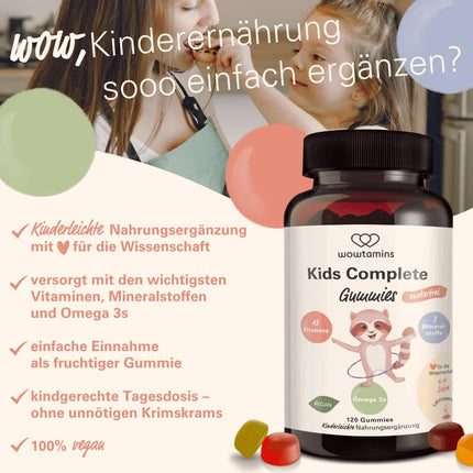 wowtamins Kids Complete bez cukura - vegānas multivitamīnu želejkonfektes ar Omega 3 (30 dienu piegāde) - vitamīni bērniem - uztura bagātinātājs imūnsistēmai ar C, D3, B12 vitamīniem, cinku un citiem vitamīniem