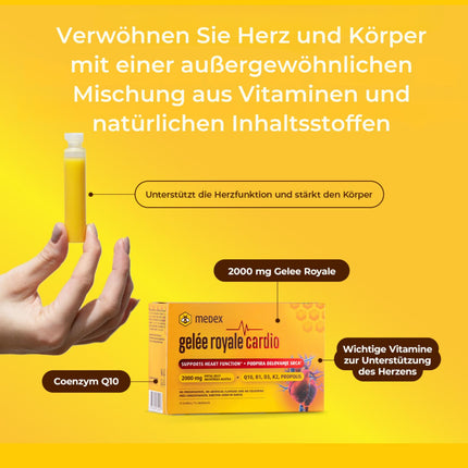 Medex Royal Jelly Cardio 2000 mg - sirds vitamīni - ar peru pieniņu, Q10, B1, D3, K2 vitamīniem un propolisu - uztura bagātinātājs - 10 ampulas - 10 dienas