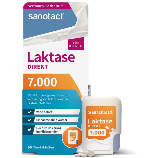 sanotact Lactase 7000 DIRECT (90 mini laktāzes tabletes) • Laktozes tabletes katrai dienai • Laktozes nepanesības, laktozes un piena nepanesības gadījumā • Ātri lietojamas bez ūdens