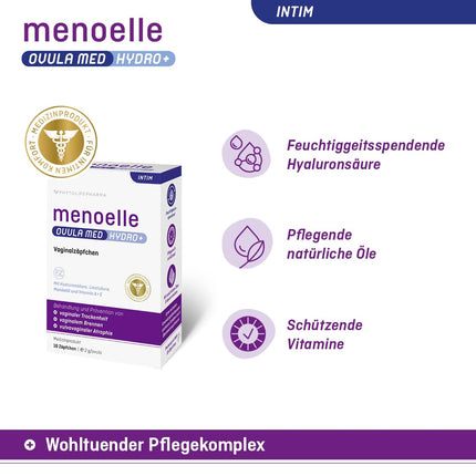 menoelle® OVULA med Hydro+ maksts sausuma, dedzināšanas, niezes, saspringuma un kairinātas vai iekaisušas maksts gļotādas ārstēšanai – bez hormoniem un reģenerējoša. 10 svecītes.