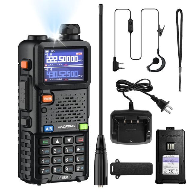 BAOFENG 5RM divu joslu radio UHF VHF, licencēts amatieru radio, jaudīgs rokas radio, liela darbības rādiusa 999 kanāli, FM radio, VOX, DTMF, rācija ar 2500mAh akumulatoru.