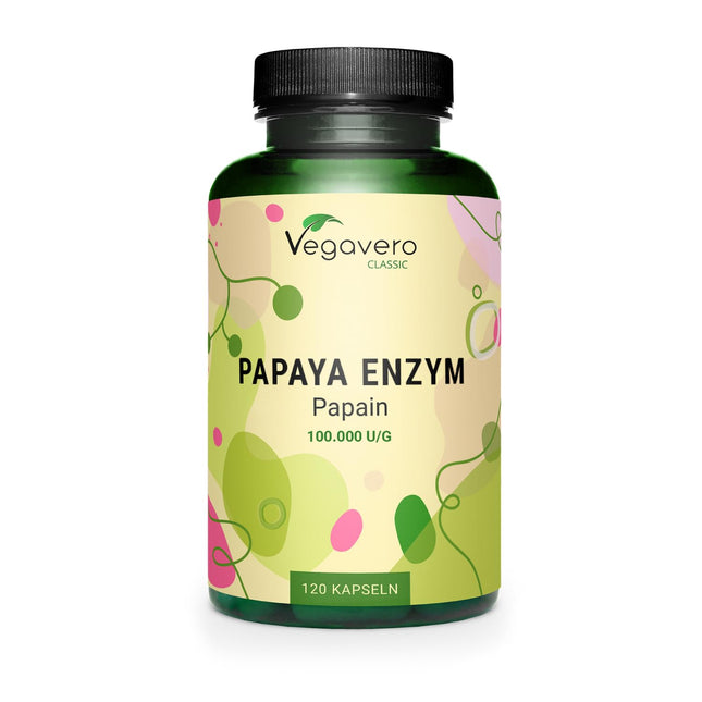 Papaijas enzīms Vegavero® | Augsta deva: 2100 mg tīra papaīna dienā | Augsta enzīmu aktivitāte: 100 000 vienības/g | Dabiski no augļiem| 120 kapsulas | Vegāns un bez piedevām