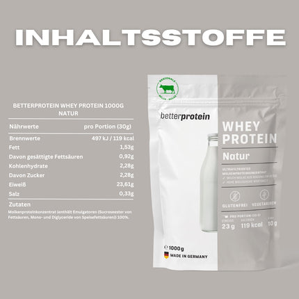 Sūkalu proteīns - neitrāls 1 kg - ražots Vācijā no reģionālā piena - proteīna pulveris muskuļu veidošanai un svara zaudēšanai - iepakojums - betterprotein® -