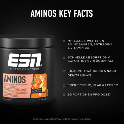 ESN AMINOS, persiku ledus tēja, 400 g, smalks aminoskābju pulveris ar neaizvietojamām aminoskābēm un astragīnu, 3,2 g leicīna vienā porcijā, ideāla šķīdība, vegāns - ražots Vācijā