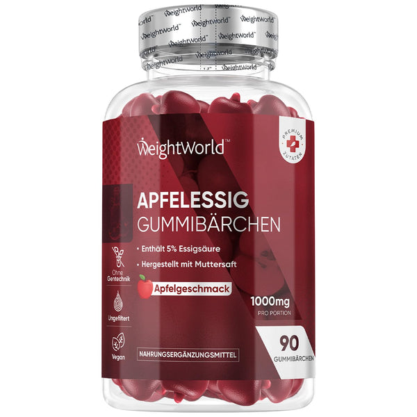 Ābolu sidra etiķa želejkonfektes 1000 mg - C vitamīns, B12, B6, B9 (folijskābe) un bietes - 90 vegānas želejkonfektes ar ābolu garšu - WeightWorld ābolu sidra etiķis