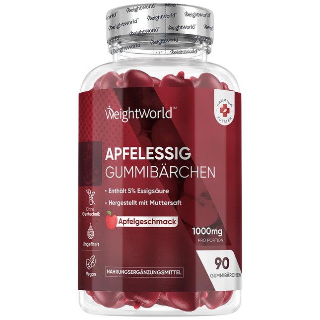 Ābolu sidra etiķa želejkonfektes 1000 mg - C vitamīns, B12, B6, B9 (folijskābe) un bietes - 90 vegānas želejkonfektes ar ābolu garšu - WeightWorld ābolu sidra etiķis