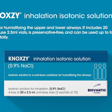KNOXZY sterils izotonisks fizioloģiskais šķīdums 0,9% – nātrija hlorīds NaCl – inhalācijas fizioloģiskais šķīdums elpceļu mitrināšanai – 20 x 2,5 ml vienreizējās devas flakoni (2 iepakojumi)