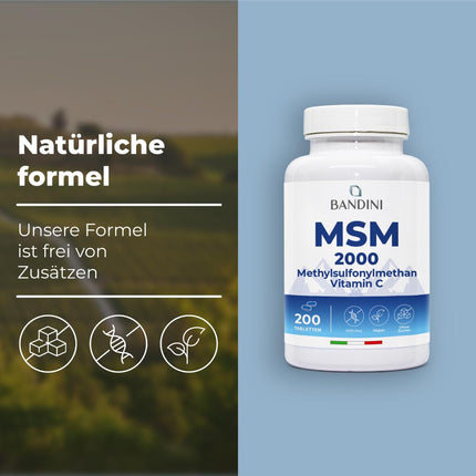 Bandini® MSM - 2000 mg ar 40 mg C vitamīna vienā dienas devā - Kompaktāks metilsulfonilmetāna pulveris nekā kapsulās - Bez magnija stearāta, augsta deva, vegāns, bez piedevām, laboratorijā pārbaudīts - 200 tabletes