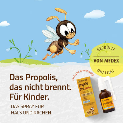 Medex Propolis Oral Junior, propolisa aerosols, mutes un rīkles aerosols, uz ūdens bāzes, BEZ spirta; ar pievienotu medu, salviju, niacīnu, egļu galiem, ar aplikatoru, bērniem no 3 gadu vecuma, 30 ml