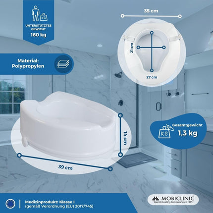 Mobiclinic®, paaugstināts tualetes sēdeklis, 14 cm, titāns, Eiropas zīmols, paaugstināts tualetes sēdeklis, tualetes sēdeklis senioriem, tualetes palīgierīces, īpaši stabils, balts