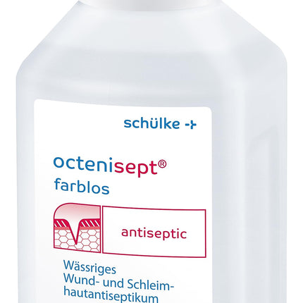 octenisept - ūdeņains brūču un gļotādu antiseptisks līdzeklis ar labu panesamību, nesāpīgu lietošanu un ātru iedarbību, 500 ml šķīdums