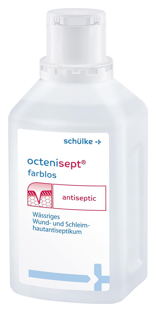 octenisept - ūdeņains brūču un gļotādu antiseptisks līdzeklis ar labu panesamību, nesāpīgu lietošanu un ātru iedarbību, 500 ml šķīdums