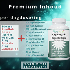 Nord Vital Serotolift - serotonīna un dopamīna prekursori - Rhodiola Rosea, L-triptofāns, L-tirozīns, L-fenilalanīns, hroms, cinks, vitamīni D3, B5, B6, B9 un B12 - vegāns - ražots Vācijā