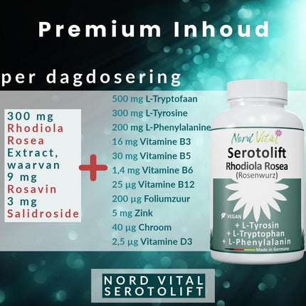 Nord Vital Serotolift - serotonīna un dopamīna prekursori - Rhodiola Rosea, L-triptofāns, L-tirozīns, L-fenilalanīns, hroms, cinks, vitamīni D3, B5, B6, B9 un B12 - vegāns - ražots Vācijā