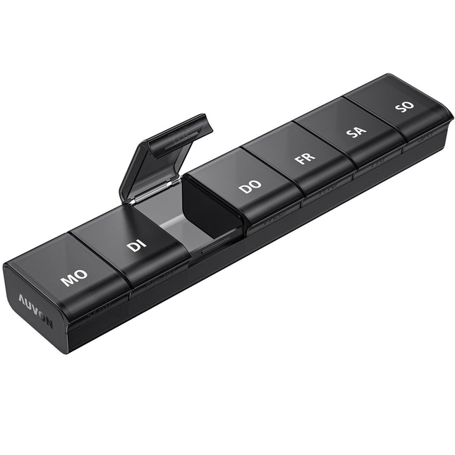 AUVON 7 dienu tablešu kastīte, tablešu organizators ar uzlabotu atvērtu dizainu, zāļu kastīte vācu valodā, pārnēsājama tablešu kastīte bez BPA medikamentiem, vitamīniem, zivju eļļai, uztura bagātinātājiem utt.