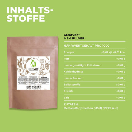 MSM pulveris 400g | 99,9% tīrība — augstākā kvalitāte | Metilsulfonilmetāns, organiskais sērs bez piedevām | GreatVita