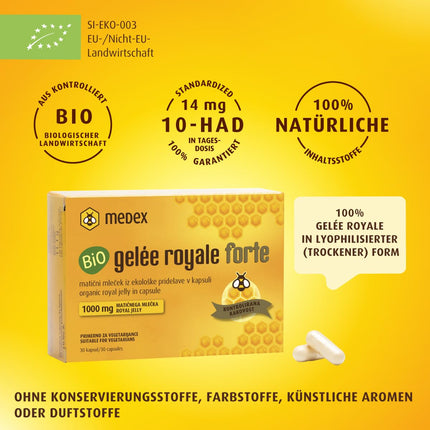 Medex Bio Royal Jelly FORTE, augsta deva 1000 mg Royal Jelly, liofilizēts, sausā veidā, klīniski pierādīti rezultāti, 30 kapsulas, 30 dienu lietošana