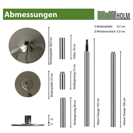 TRUTZHOLM Pole Dance Professional melnā vai hromā, apm. 231–274 cm Ø 45 mm Statiskā un vērpšanas vingrošana bez urbšanas Fitness (sudraba krāsā)
