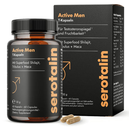 serotalin ACTIVE MEN Maca kapsulas vīriešiem | Fenugreek ar Shilajit, L-citrulīnu, Black Maca un Tribulus | Vegāns un ražots Vācijā | 60 kapsulas
