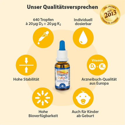 Dr. Jacob's D3 K2 vitamīna eļļas pilieni | Uztura bagātinātājs kauliem¹ un imūnsistēmai² | Augsta biopieejamība | D3 un K2 vitamīnu eļļa | 20 ml | veģetārietis