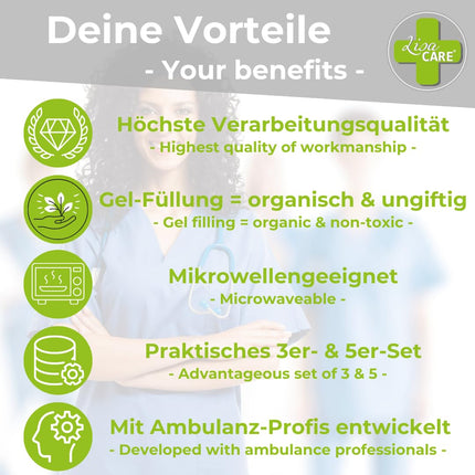 LisaCare Gel Kühlpads - 3 Größen Kühlkissen Gel - Kühlpads Gel Set - Kalt warm Kompresse Kinder & Erwachsene - Akute Behandlung von Schmerzen und Fieber - Mikrowellen geeignet (Set)