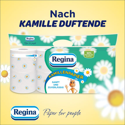 Regina kumelīšu papīrs, trīsslāņu tualetes papīrs – 16 ruļļu iepakojums, 150 loksnes rullī, mīksts un saudzīgs ar kumelīšu aromātu un FSC sertificēts papīrs