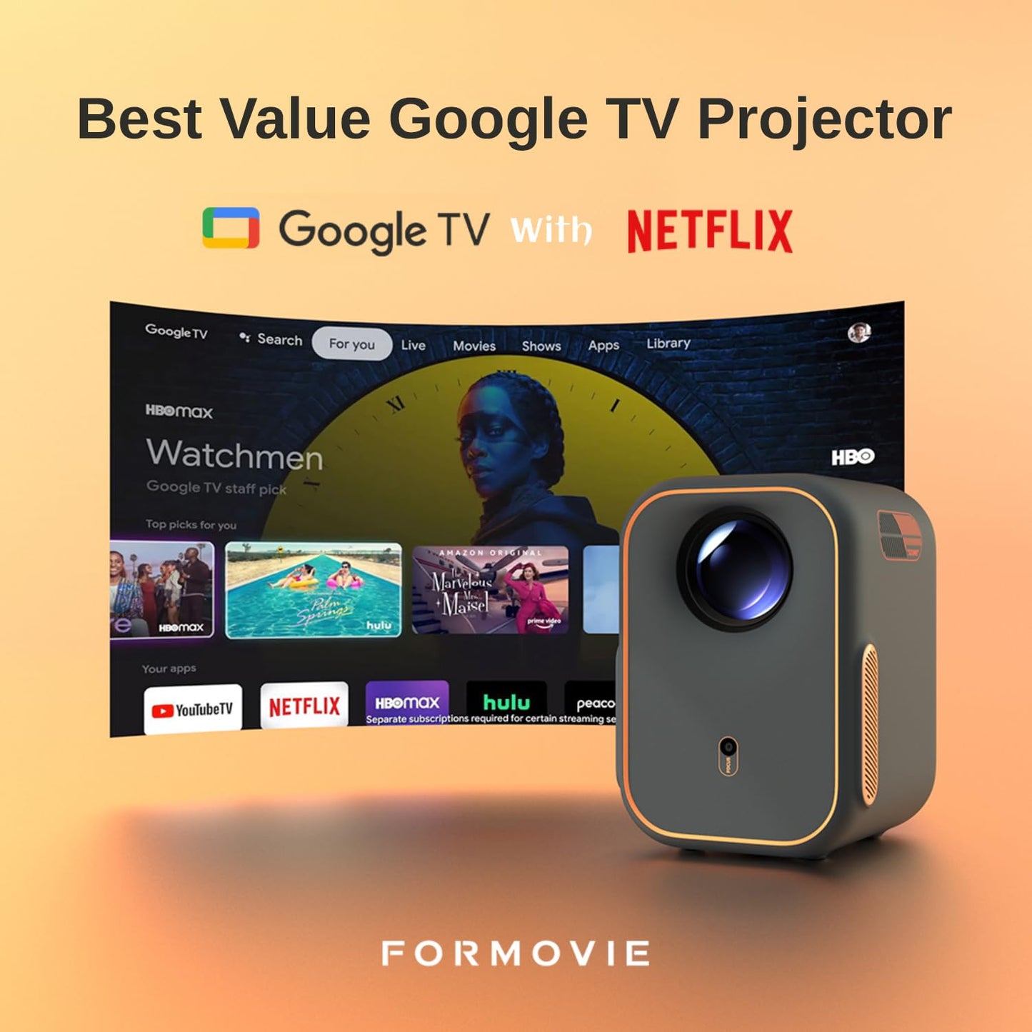 [Netflix sertificēts] Formovie Xming pirmās sērijas projektors, projektors ar WiFi Bluetooth, integrēts Netflix Google TV, 1080P 4K atbalstīts viedais projektors, Dolby Audio mājas kinozālei, pārnēsājams lietošanai ārpus telpām
