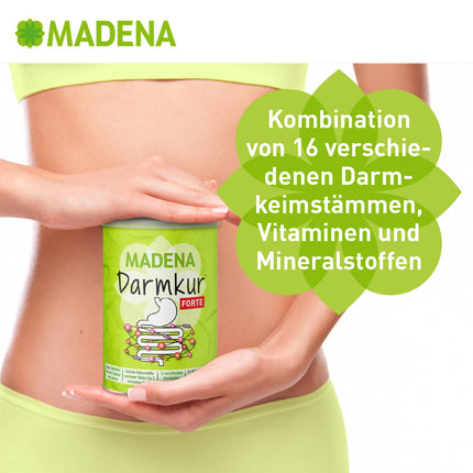 MADENA Darmkur Forte, 20 miljardi zarnu baktēriju vienā porcijā, šķiedrvielas, 3. tipa rezistenta ciete, kukurūzas dekstrīns, 16 baktēriju celmi, augsta deva, multivitamīni, vegāns
