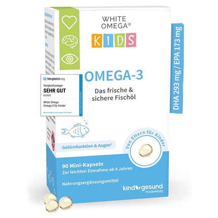 Omega-3 kapsulas bērniem – Labākās kategorijā 2025. gadā – 518 mg zivju eļļas ar DHA un EPA – bez cukura – 90 minikapsulas (1 mēnesis)