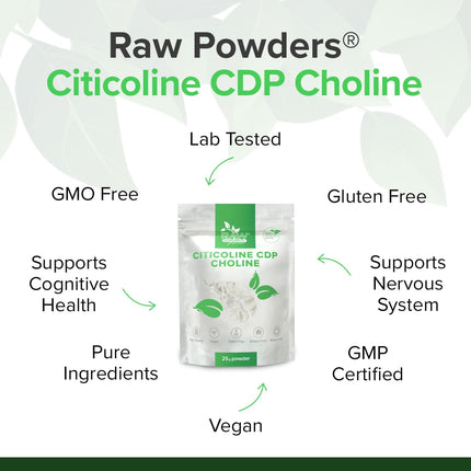 Citicoline CDP-holīna pulveris 25g – kognitīvo funkciju un atmiņas atbalsts – tīras sastāvdaļas, bez ĢMO un glutēna, ko ražo Raw Powders