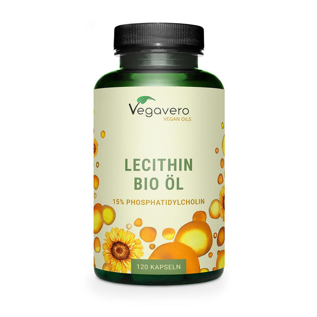 Organiskās lecitīna kapsulas | 1800 mg no saulespuķēm | Vegāns | Aukstā spieduma | 15% fosfatidilholīns | bez sojas | 120 gabali | Vegavero®