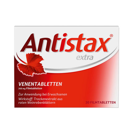 Antistax extra vein tabletes, apvalkotās tabletes 360 mg, 30 tabletes, ar sarkano vīnogulāju lapu ārstniecisko spēku, smagām un pietūkušām kājām, nakts krampjiem ikru muskuļos un venozai nepietiekamībai