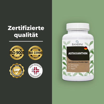 Bandini® Pure astaksantīns 8 mg kapsulā, 270 kapsulas, 9 mēnešu krājumi (1 kapsula dienā), aļģes Haematococcus Pluvialis - dabīgs astaksantīns, bez magnija stearāta, bez ĢMO