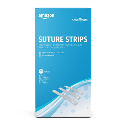 Amazon Basic Care — brūču slēgšanas strēmeles, hipoalerģiskas, sterilas, 4 izmēri, 60 gab.