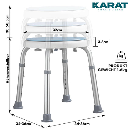 KARAT dušas krēsls - 360° rotējošs dušas krēsls, celtspēja līdz 136 kg, regulējams augstumā ar neslīdošām gumijas kājiņām drošai fiksācijai - vannas istabas krēsls, dušas palīgierīce, dušas sēdeklis