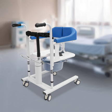 MINRS hidrauliskais pacientu pacēlājs, pārvietošanas krēsls, dušas krēsls ar riteņiem līdz 90 kg, tualetes krēsls senioriem, 180° dalāms sēdeklis slimniekiem, vecāka gadagājuma sievietēm, invalīdiem, grūtniecēm, zils