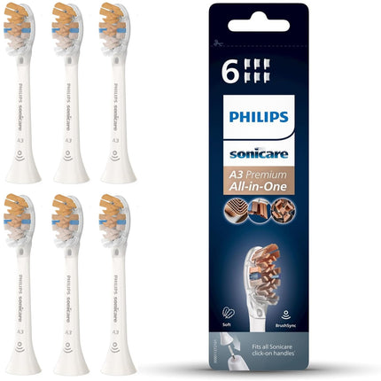 Philips Sonicare Original A3 Premium universālās elektriskās zobu birstes rezerves birstes galviņas — 6 Philips Sonicare rezerves birstes galviņu iepakojums baltā krāsā (modelis HX9096/10)