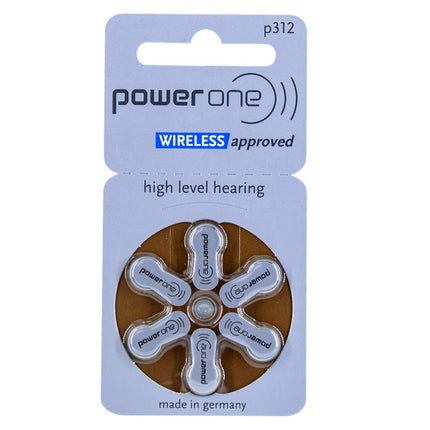 Power One dzirdes aparāta baterijas, 312. tips, brūnas, 60 baterijas, bezvadu apstiprinātas, P312 izmērs dzirdes aparātiem un dzirdes palīglīdzekļiem, augsts dzirdes līmenis, bez dzīvsudraba, ražotas Vācijā