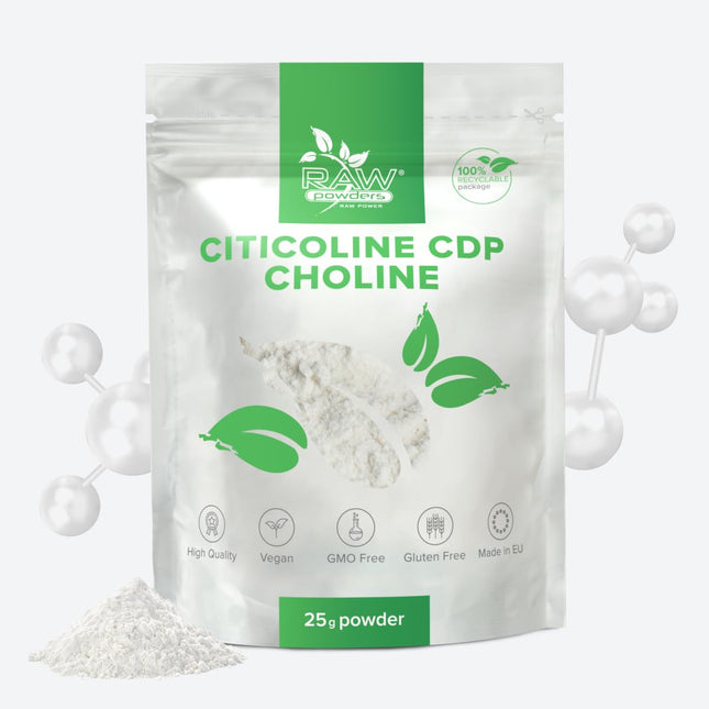 Citicoline CDP-holīna pulveris 25g – kognitīvo funkciju un atmiņas atbalsts – tīras sastāvdaļas, bez ĢMO un glutēna, ko ražo Raw Powders