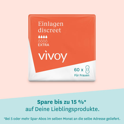 Vivoy Discreet Extra - 60 ieliktņi mēneša iepakojumā (6 x 10 ieliktņi) - mērenas urīnpūšļa vājuma un nesaturēšanas gadījumā - individuāli iesaiņoti higiēniskie ieliktņi sievietēm